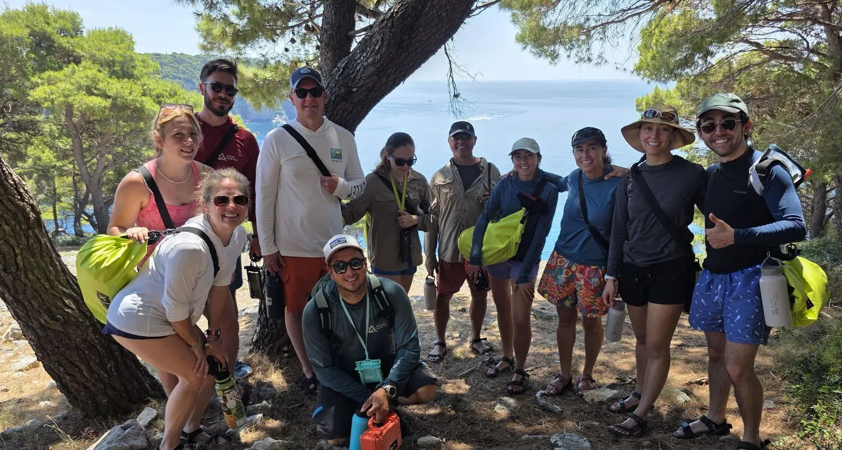 A family and friends group gathered under a pine tree above the sea before a paddle