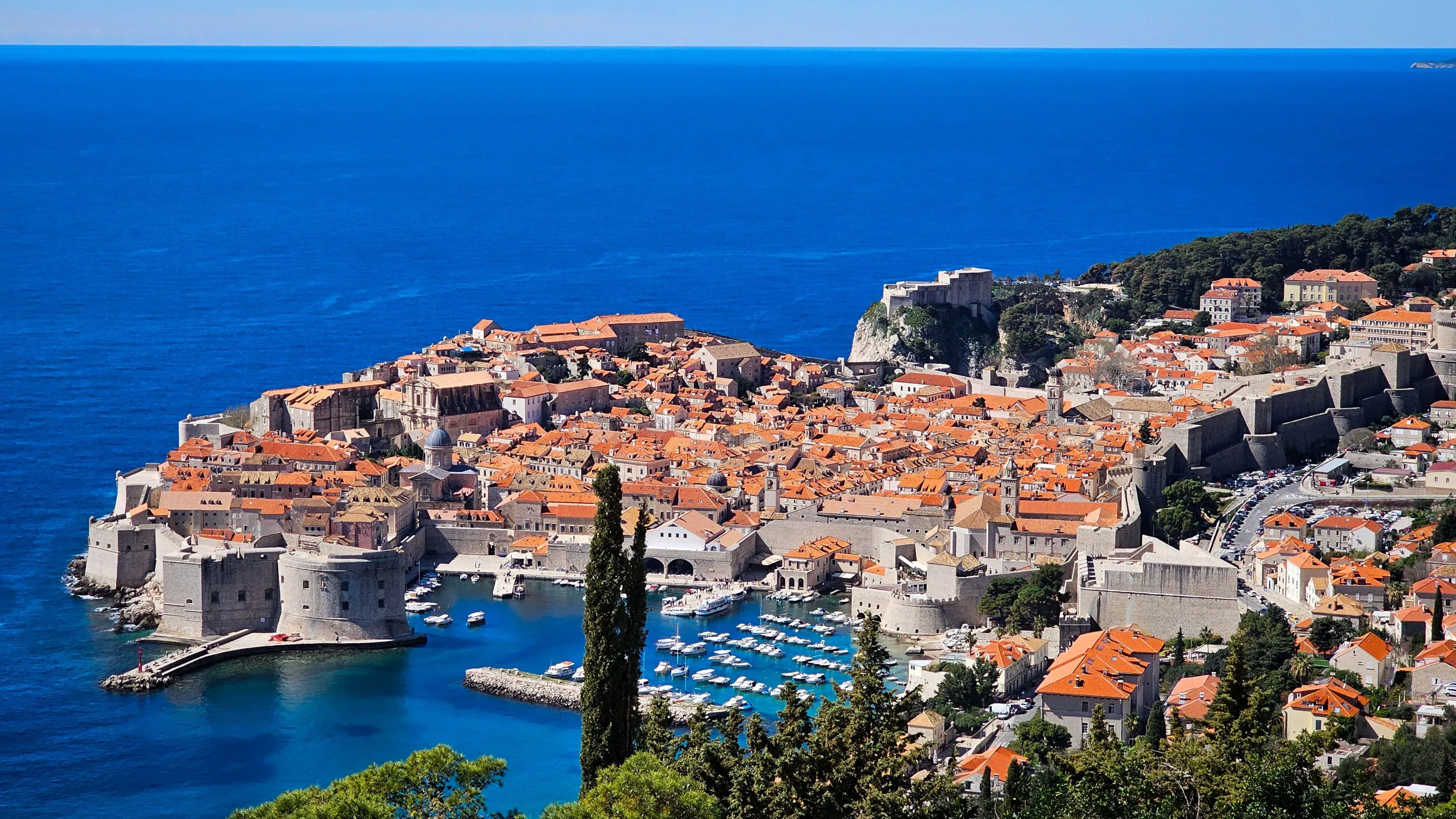 Aerial view of Dubrovnik old town and harbour
