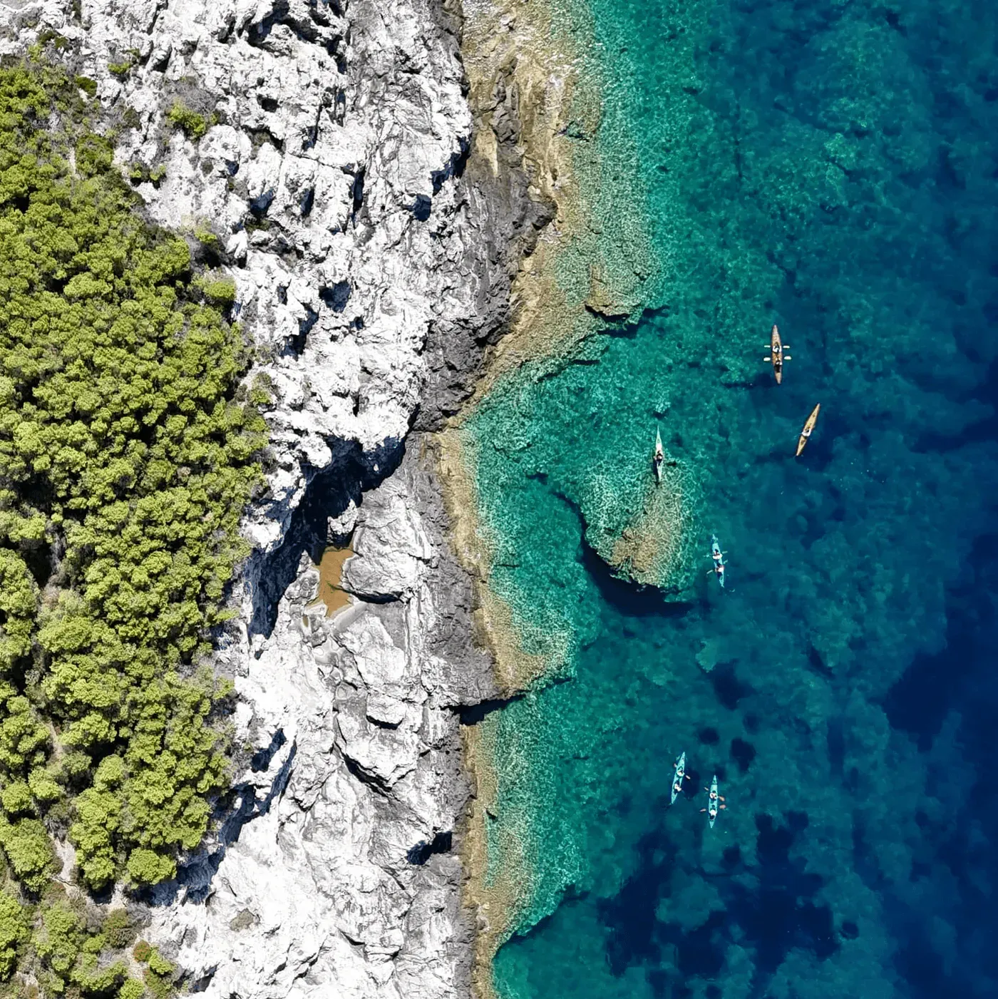 Kayaks lined up on the water beneath a rocky shore