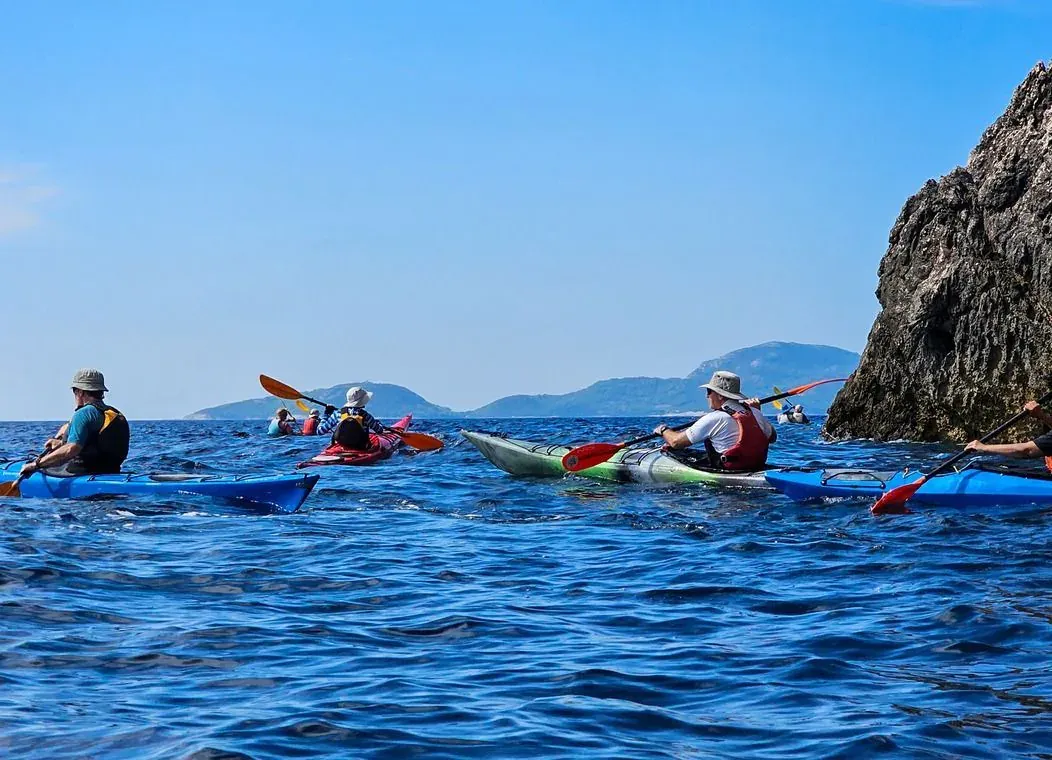 A relaxed group of kayakers paddling calm open water past an island