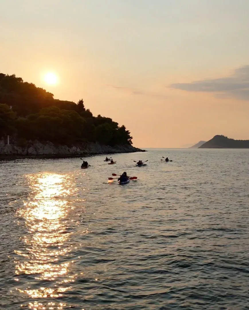 Kayakers paddling into a low sun on a calm sea, an island silhouetted beyond